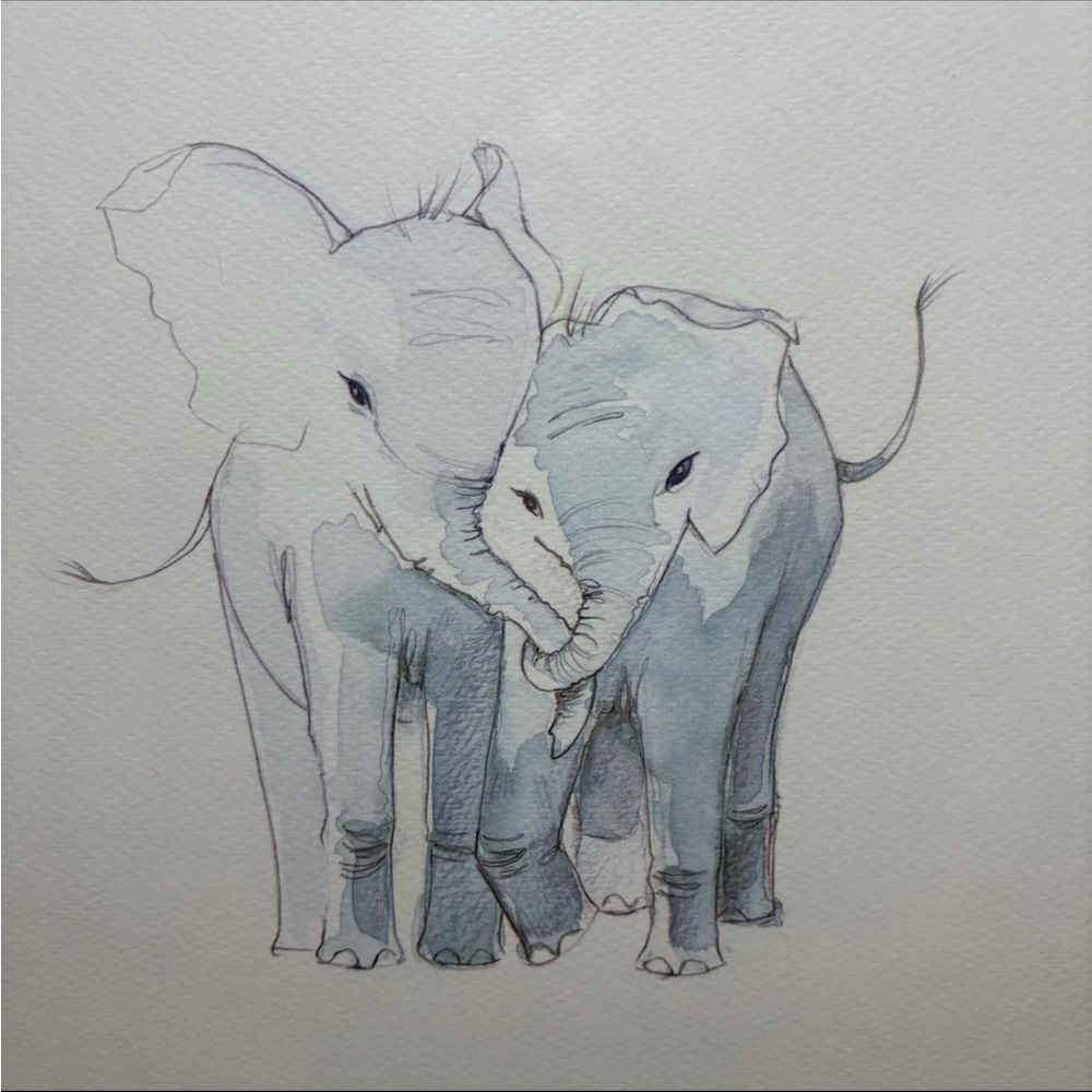 Restoration Hardware Baby & Child Watercolor Animal print Baby Elephants framed - Picture 2 of 8